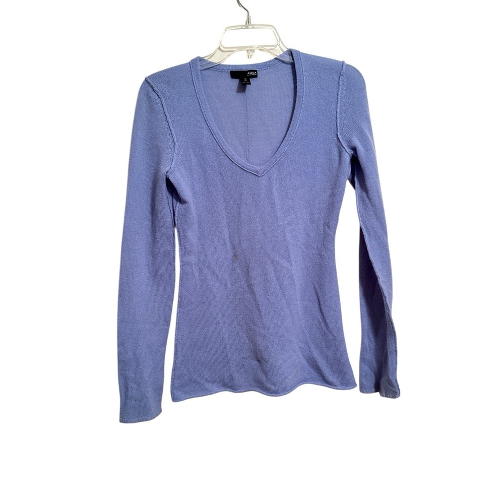 AQUA Cashmere Sweater Small Blue V-Neck Long Sleeve Pullover Exposed Seams
